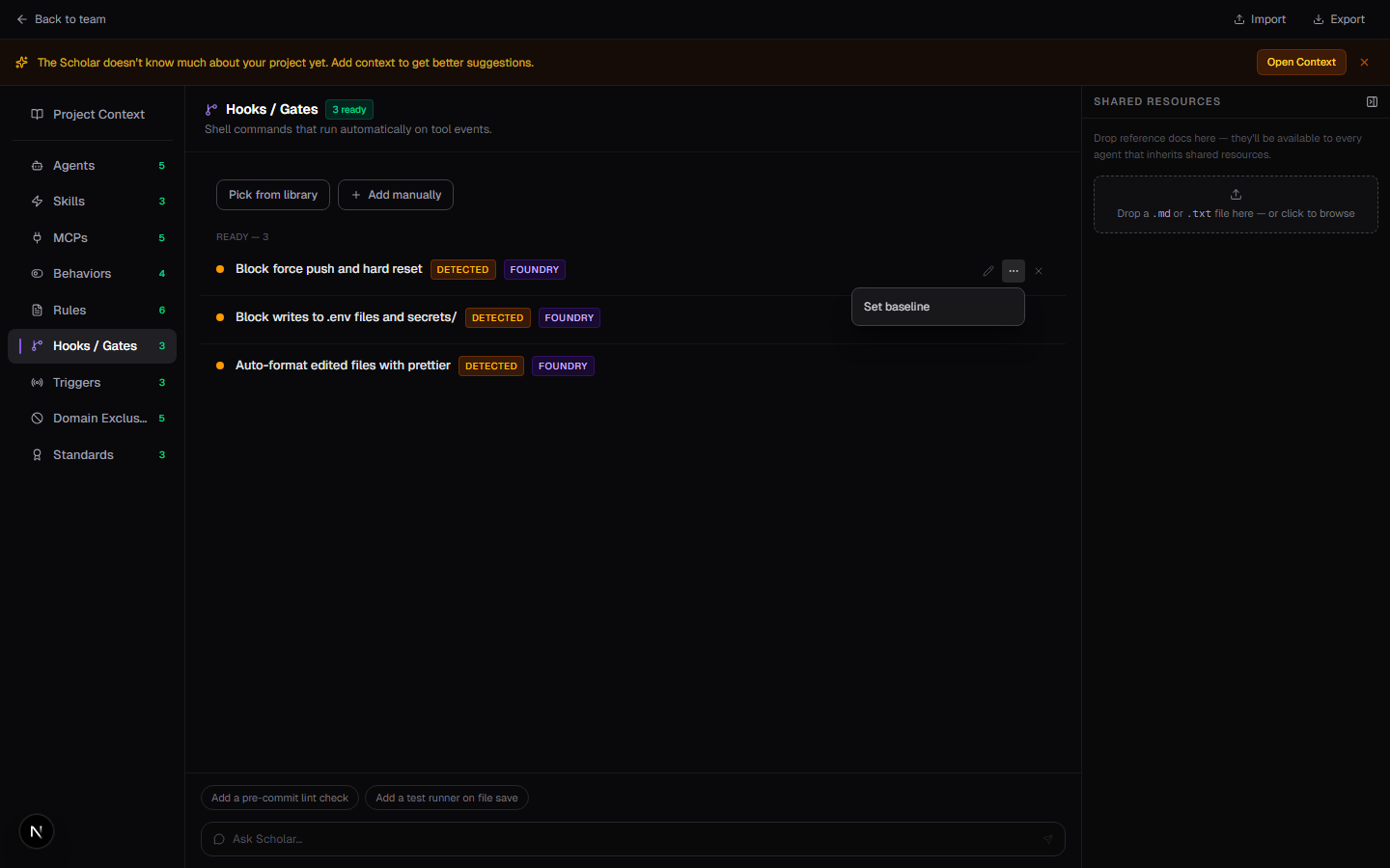 Kebab menu on a Foundry-managed hook showing Set baseline and Reset to baseline actions