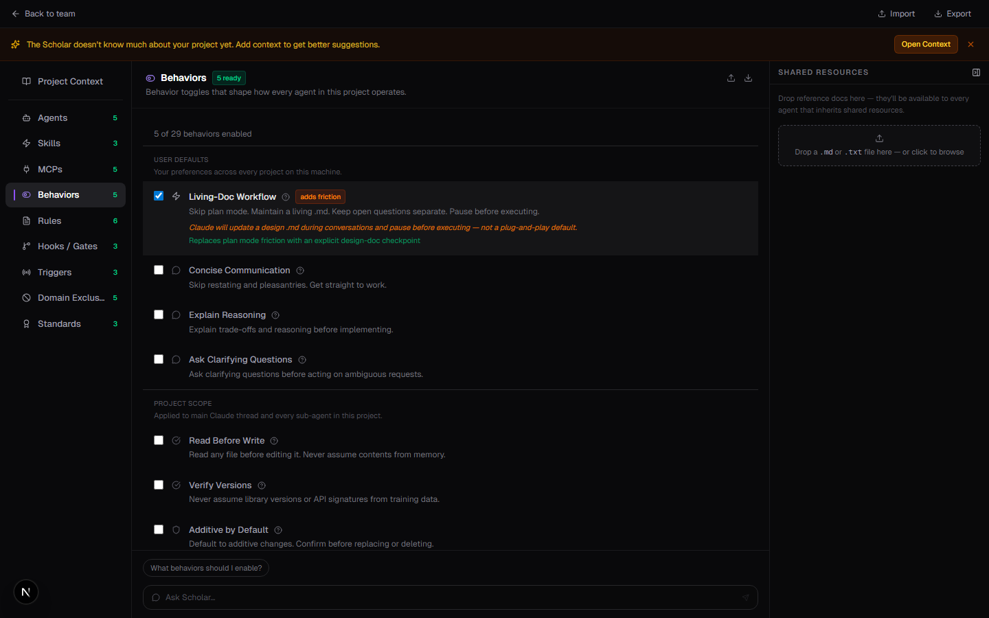 Behaviors bucket with 5 of 29 toggles enabled, Living-Doc Workflow expanded showing path-scope