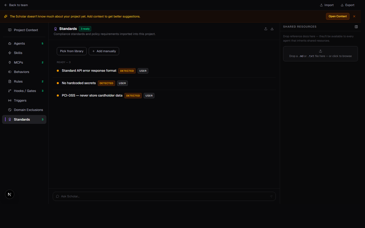 Standards bucket with 3 compliance standards and DETECTED and FOUNDRY badges